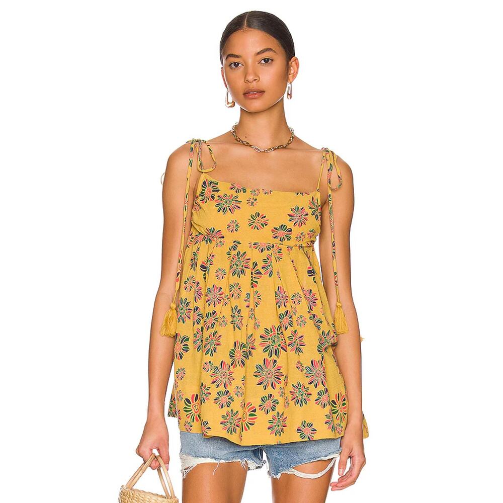 Free People Mustard Yellow Floral Tie-Shoulder Tank